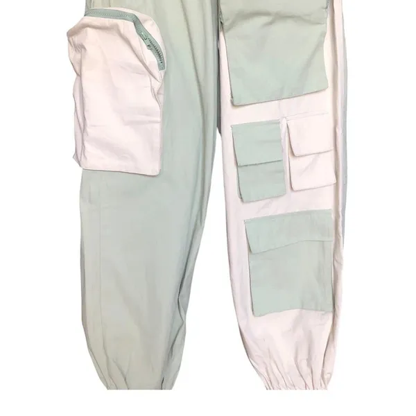 Hot & Delicious Colorblock Cargo Jogger Pants Mint Green Cream Multi Pocket SM - Image 4