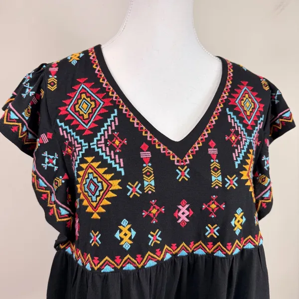 Savanna Jane‎ Black Embroidered Flutter Sleeve V Neck Boho Top Size S - Image 3