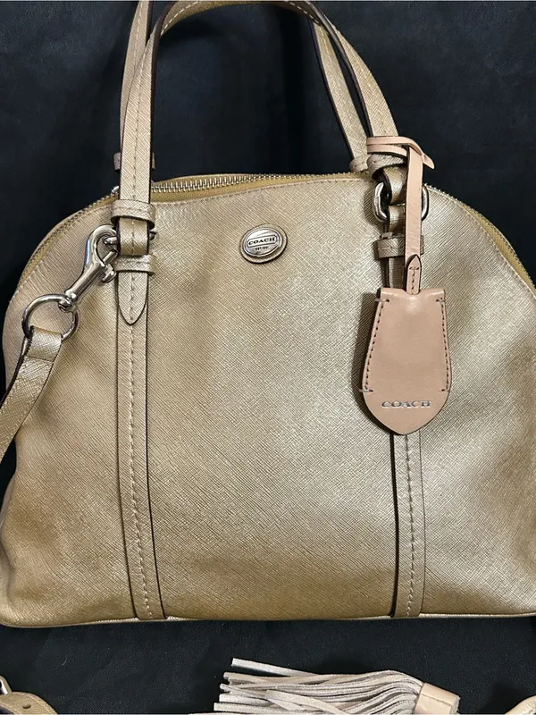 Coach Metallic Gold Dome Satchel with Crossbody Strap & Tassel - Image 3