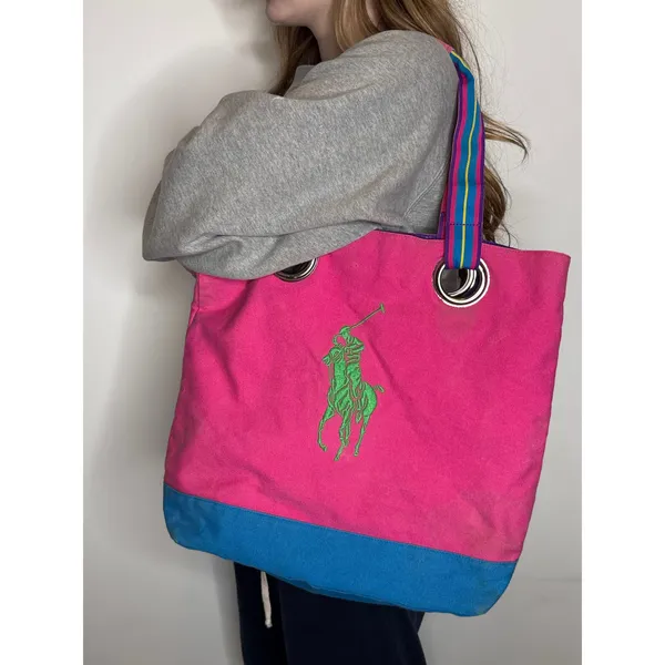 1980s–90s Ralph Lauren Polo Canvas Tote Bag Pink Blue Big Pony Cotton Carryall - Image 8