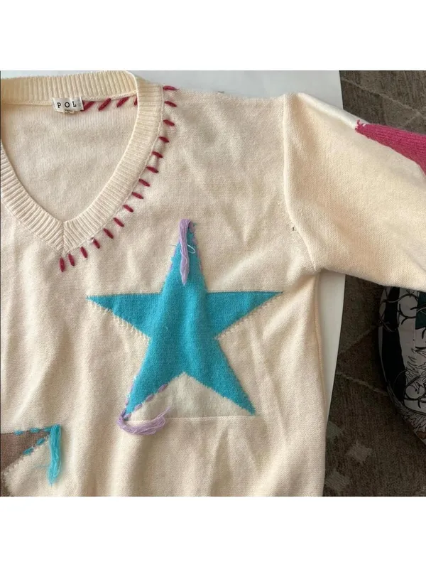 POL Patchwork Star Sweater - Beige V Neck Thick Knit Size Medium - Image 5
