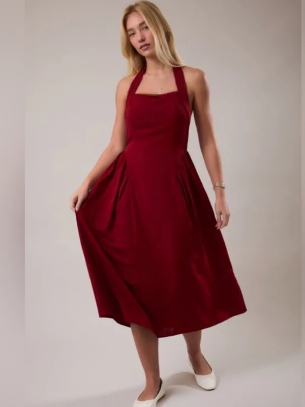 NEW Le Lis Burgundy Halter Midi Dress with Lace Trim – Medium - Image 3
