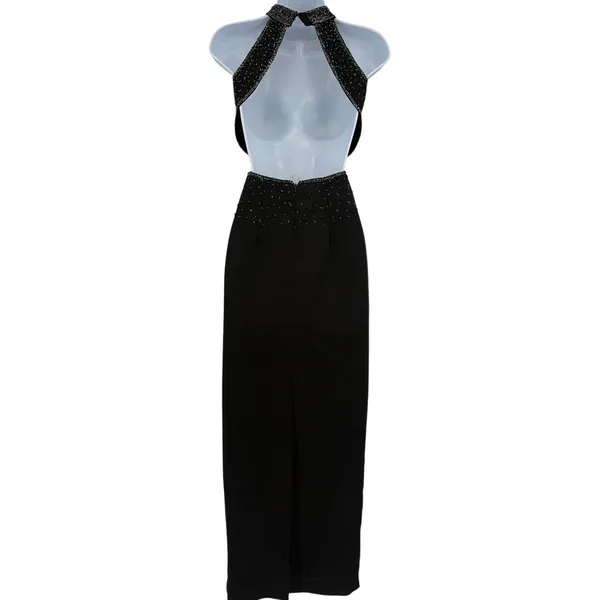 Y2K Beaded Halter Prom Dress Sz 0 Open Back Glam Vampy Gala Formal Full Length - Image 7