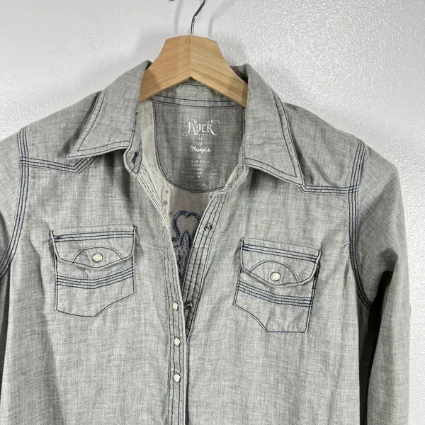 Rock 47 by Wrangler Shirt Dress‎ Western Cross Embroidered Long Sleeve Gray S - Image 4