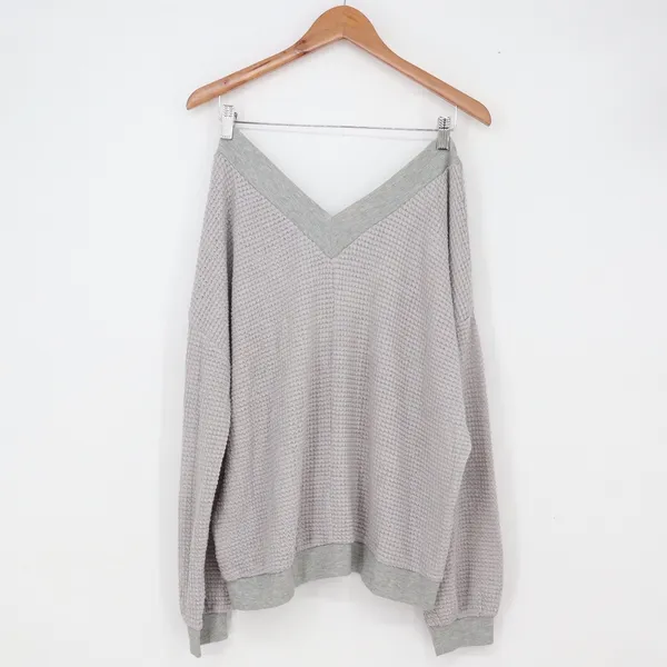 ADREAMLY Waffle Knit Top Womens Large Gray V-Neck Long Sleeve Relaxed Excellent - Image 4