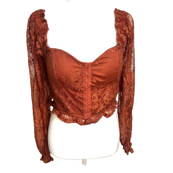 Lace Corset Top Rust Sheer Indie Sleeze Y2K Festival Coquette Romantic Sexy M - Image 3