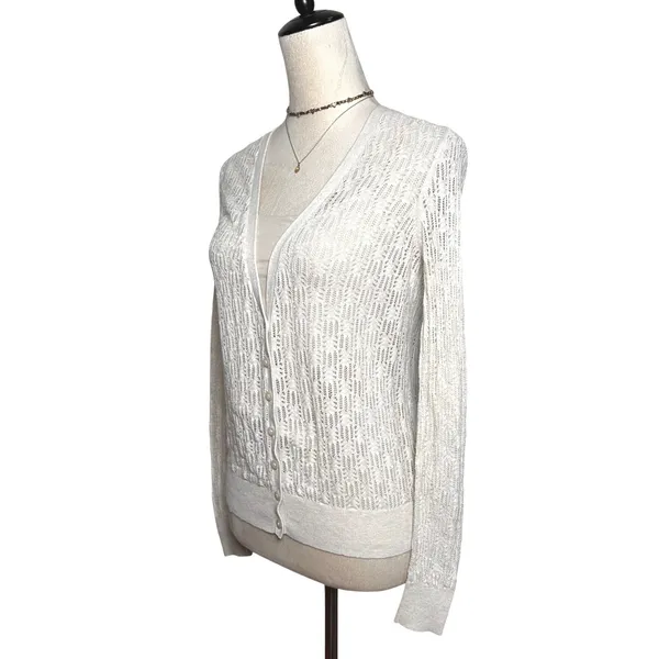 Moda International Y2K Cream Pointelle Open Knit V-Neck Cardigan Sweater - Image 5