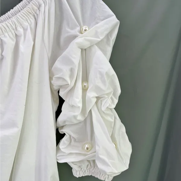 Sam and Jess WHITE Shift Dress Pearl Sleeves Midi On/Off Shoulder Preppy - Image 4