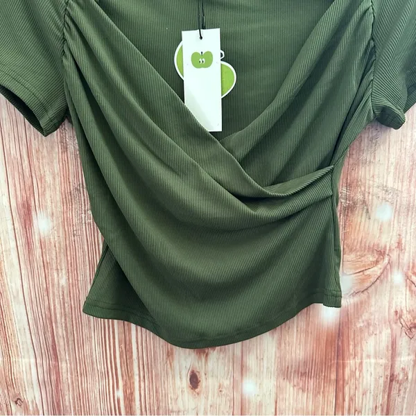 Cider Olive Green Faux Wrap Jersey Short Sleeve T Shirt - Image 4
