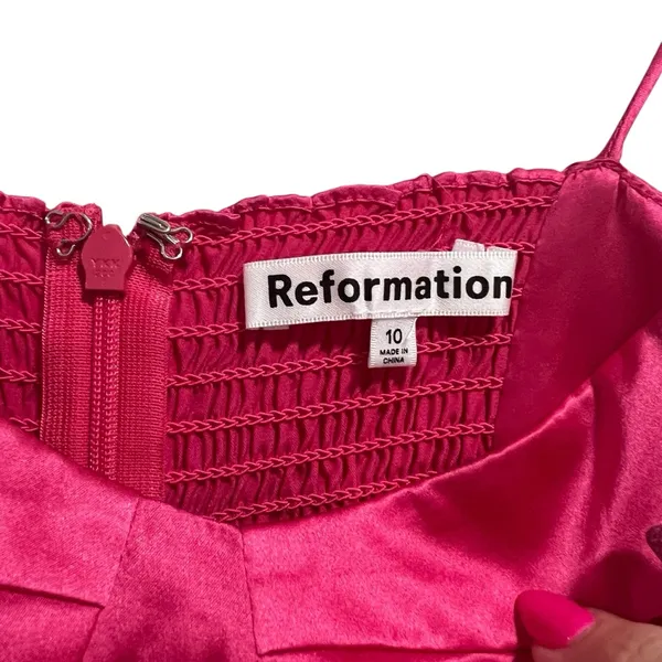NEW NWT Reformation Marguerite 100% Silk Midi Dress In Flambe Bright Pink - Image 11