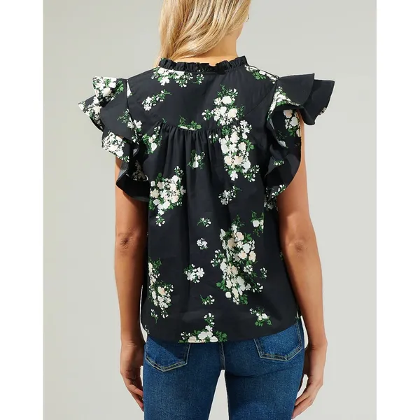 Sugarlips Black Emery Floral‎ Split Neck Ruffle Sleeve Cotton Top Medium Womens - Image 3