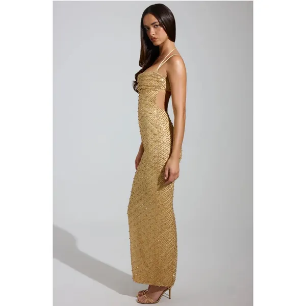 Oh Polly Constance Embellished Cowl-Neck Maxi Dress in Gold Size 0 New - Image 3