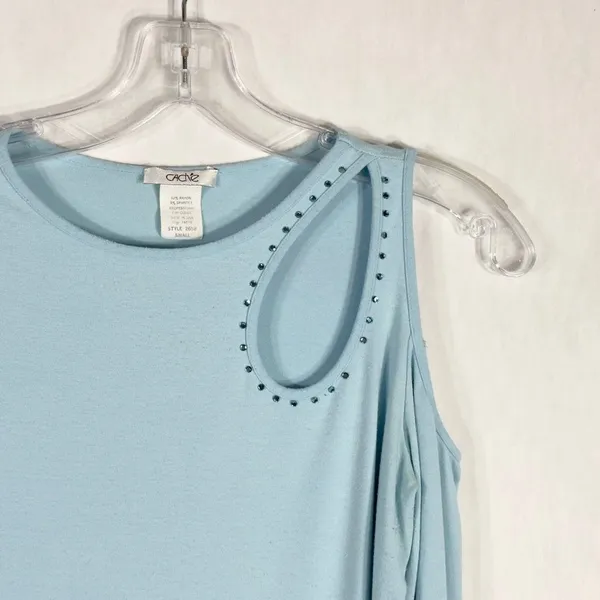 Cache Small Top Knit‎ Light Baby Blue Rhinestones Cut Out Cold Shoulder Y2K 1348 - Image 3