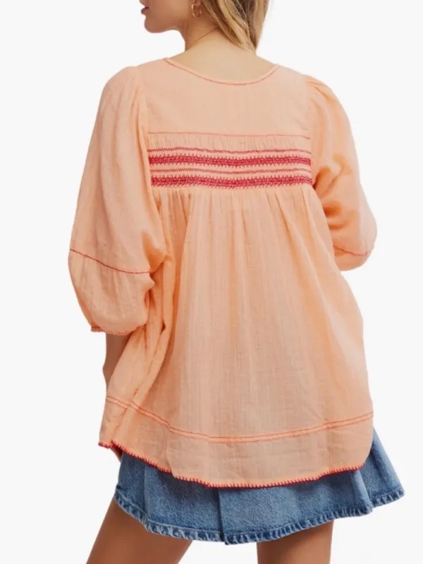 Free People Dylan Smocked Tunic top blouse pink sz XS S boho - Image 2