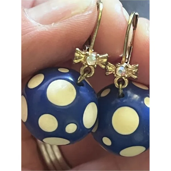 Betsey Johnson Blue White Polka Dot Ball Drop Earrings - Image 2