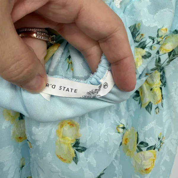 Altar'd State Blue Yellow Floral Puff Sleeve Tie Back Mini Dress Medium Coquette - Image 7
