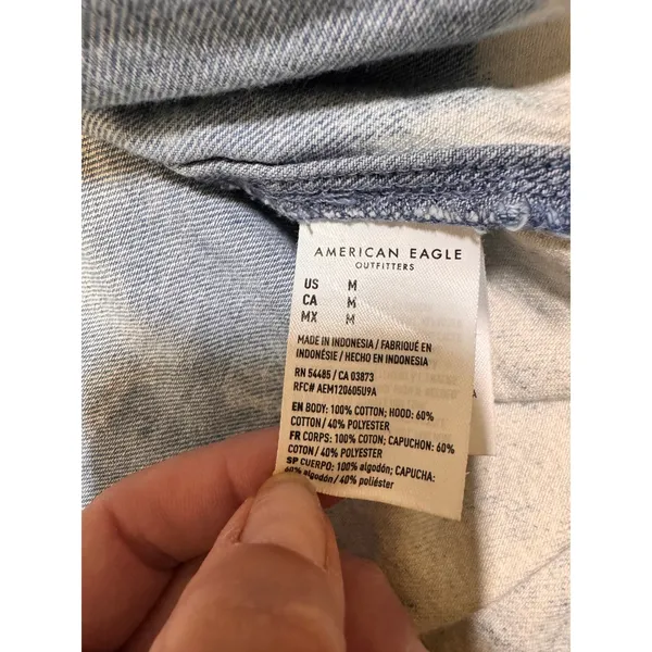 American Eagle Bleach Wash Cropped Denim Jacket Hoodie Blue White Womens Medium - Image 4