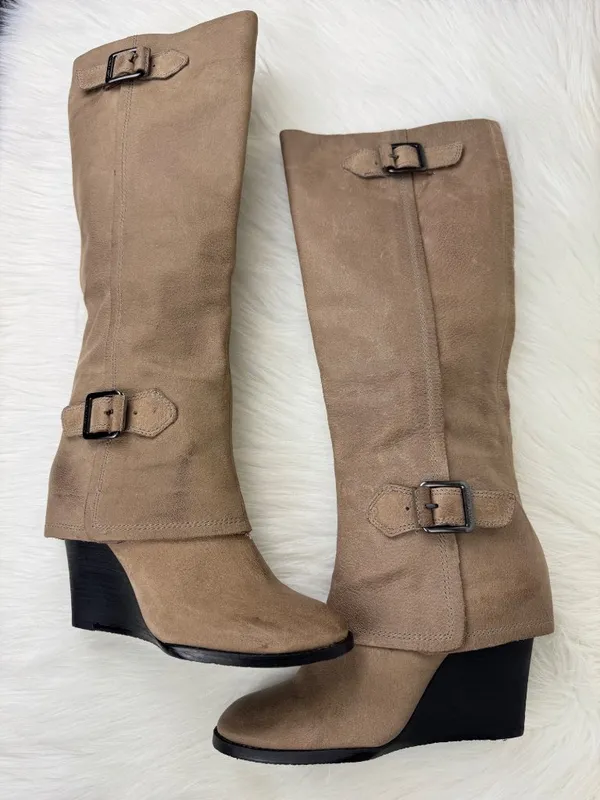 NWOT Vince Camuto Autumn Wedge Heel Leather Boots Size 8B EU38 Taupe - Image 2