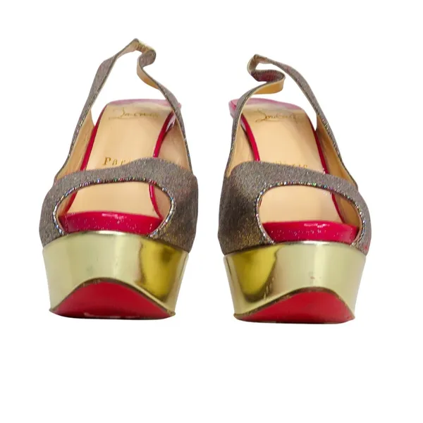 Christian Louboutin Lady Peep Slingback Glitter Pumps Platine Gold Pink Red 36.5 - Image 5