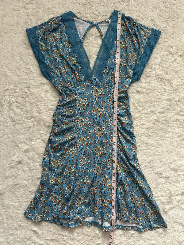 Free People Sweet Talker Mini Dress Short Sleeve V-neck Floral Blue Sz S - Image 11