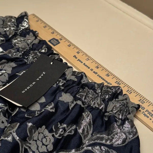 Zara Woman Navy Silver Floral Jacquard Metallic Mini Skirt Elastic Waist Size‎ M - Image 5