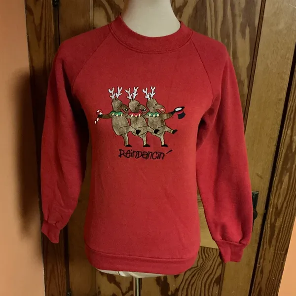 Vtg 80s Reindancing embroidered Holiday Sweatshirt - Image 6