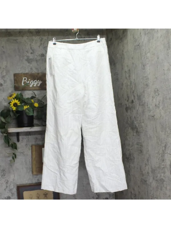 NEW Calvin Klein Pinstriped Pleated Pants Linen Blend Lined White / Khaki 14 - Image 2