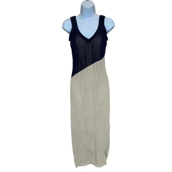 Toccin Blue Cream Crochet Midi Tank Dress SMALL Colorblock Knit Vacation $325 - Image 8