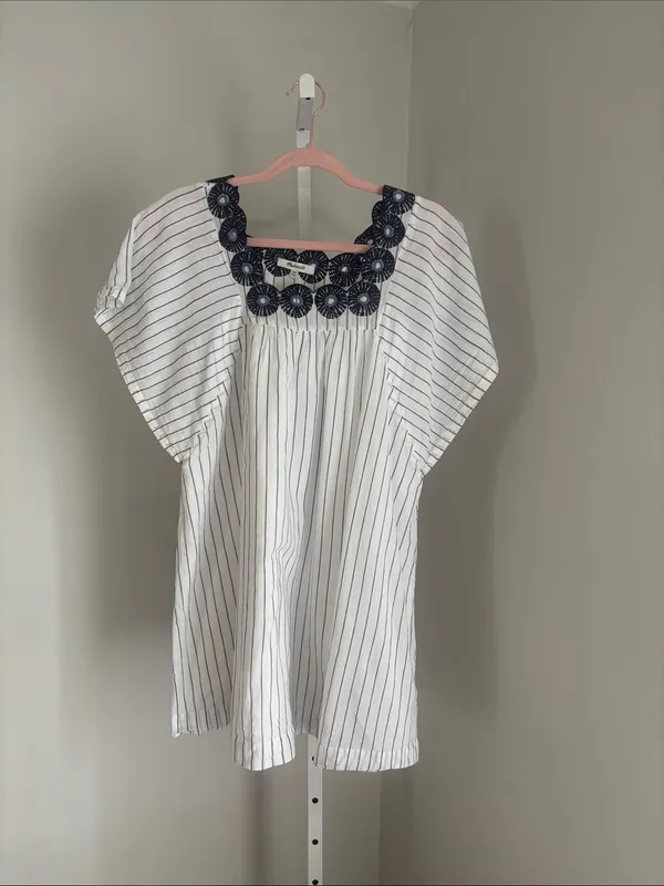 Madewell Embroidered Butterfly Dress Navy and White Stripe Cotton Mini Sz XXS - Image 4