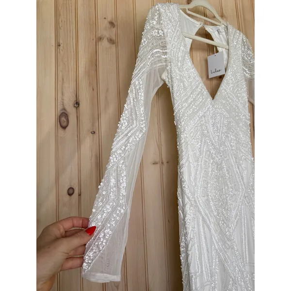 NWT Lulus Deedra White Sequin Beaded Backless Maxi Dress Wedding Bridal Bride M - Image 8