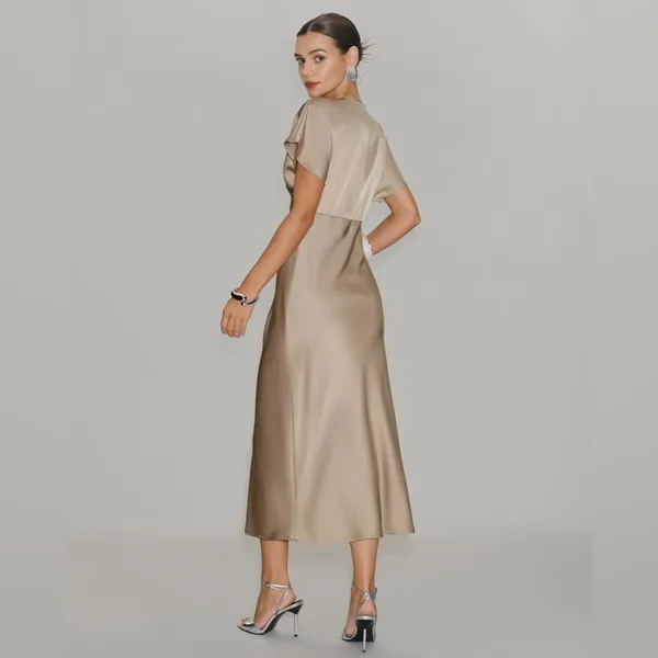 Rihoas Apricot V Neck A-Line Satin Midi Dress - Image 5
