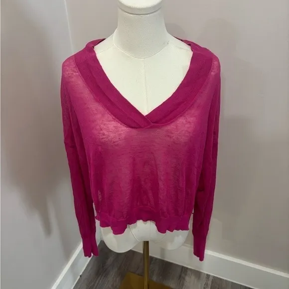 Maeve Anthropologie Magenta Pink‎ V-Neck Sheer Knit Dolman Top XS - Image 2