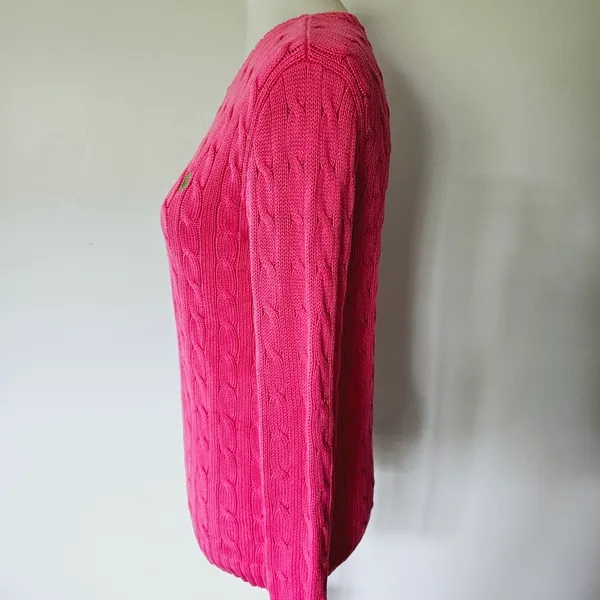 Ralph Lauren Fuchsia & Lime Cable Knit Cotton Crewneck Sweater Size Medium - Image 4