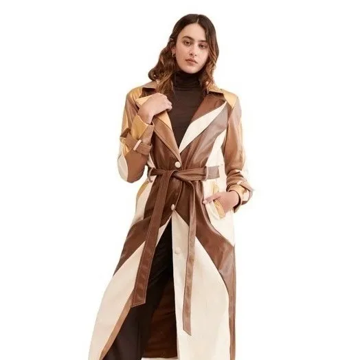 COLIN LOCASCIO Francine Patchwork Trench Coat Vegan Leather Belted Retro Small - Image 5