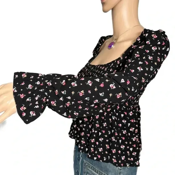 Daisy & Delilah Boho Black Floral Top Smocked Bodice Long Bell Sleeve Women’s M - Image 4