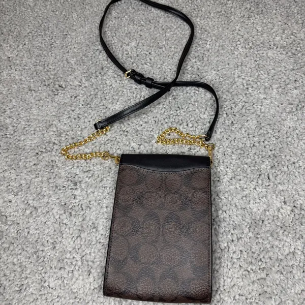 Coach North South Phone Crossbody Bag Signature Canvas Black Brown Gold C6884 - Image 2