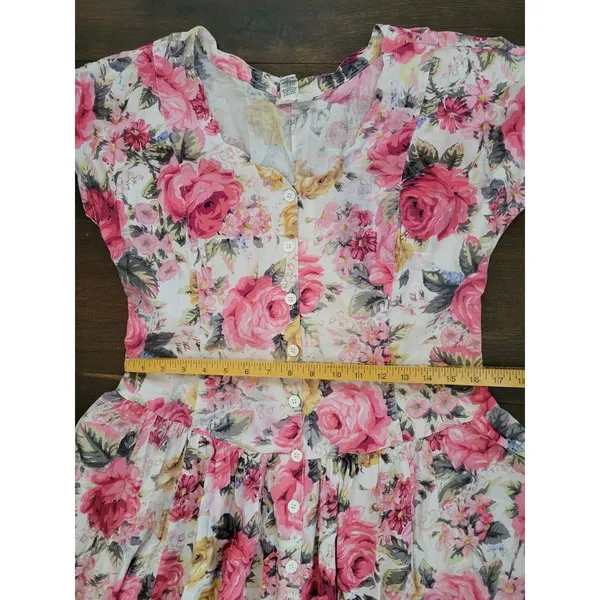 Vintage STARINA Floral Cottage Core Dress SZ M Pink Rose Button Front & Pockets - Image 9
