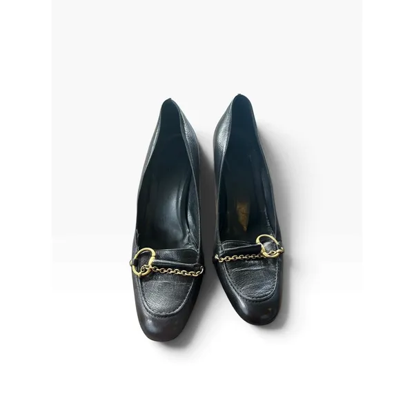 Vintage Y2K Gucci Hasler Black Leather Gold Horsebit Chain Loafer 8.5 39 Heels - Image 2