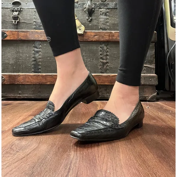 Vintage Talbots Black Croc Embossed Leather Loafers Size 7 90s Minimalist - Image 5