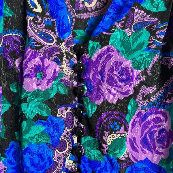 Vintage Wilroy Rare Purple Blue Floral Paisley Satin Long Sleeve Blouse Size 10 - Image 8