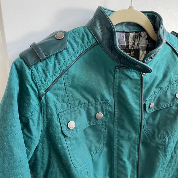 Barbour International Black Streak‎ Jacket Womens Green Waxed Cotton Moto Belted - Image 4