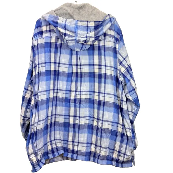LL Bean Blue Plaid Sherpa Lined Flannel Hoodie Shirt Jacket Shacket Pockets 3X - Image 6