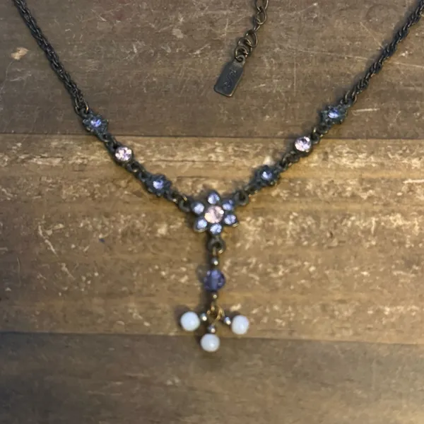 1928 Bronze tone rhinestone flower Y necklace - Image 4