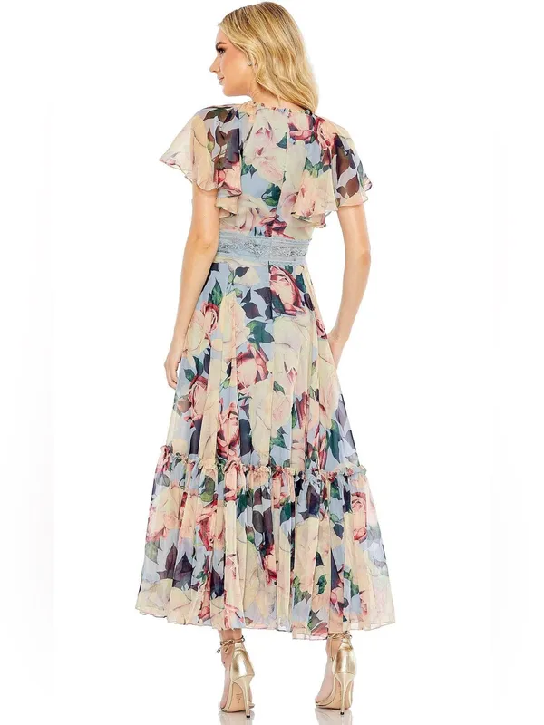 Mac Duggal Size 2 Blue Floral Flutter Lace Trim Midi Dress Gown - Image 5