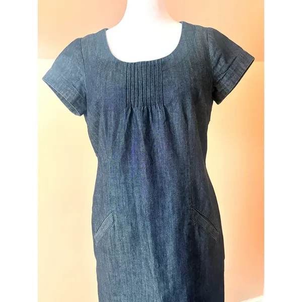 Boden Denim Shift Dress Womens 4L Blue‎ Excellent Pintuck Pocket - Image 7