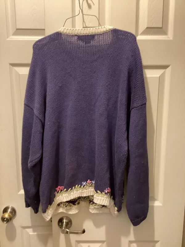Embroidered Floral Crewneck Sweater in Purple and Cream - Image 4