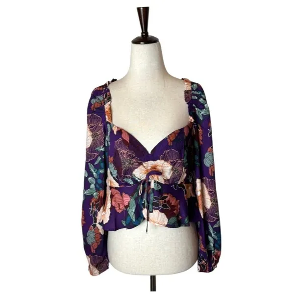 Band Of The Free Shirt Women Medium Purple Floral Puff‎ Sleeve Cropped Top NWT - Image 3
