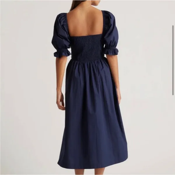 NWT Quince Navy Blue Organic Cotton Puff Sleeve Smocked Midi Milkmaid Dress XS - Image 2