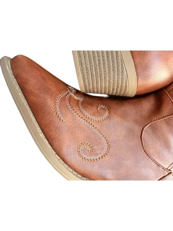 Western-Style Brown faux leather Cowboy Boots With Embroidered Design Side Zippe - Image 7
