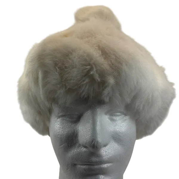 Vintage Rabbit Fur Hat Pom Beanie Cap Cream White Winter Ski Glam Y2K Luxe Fuzzy - Image 12
